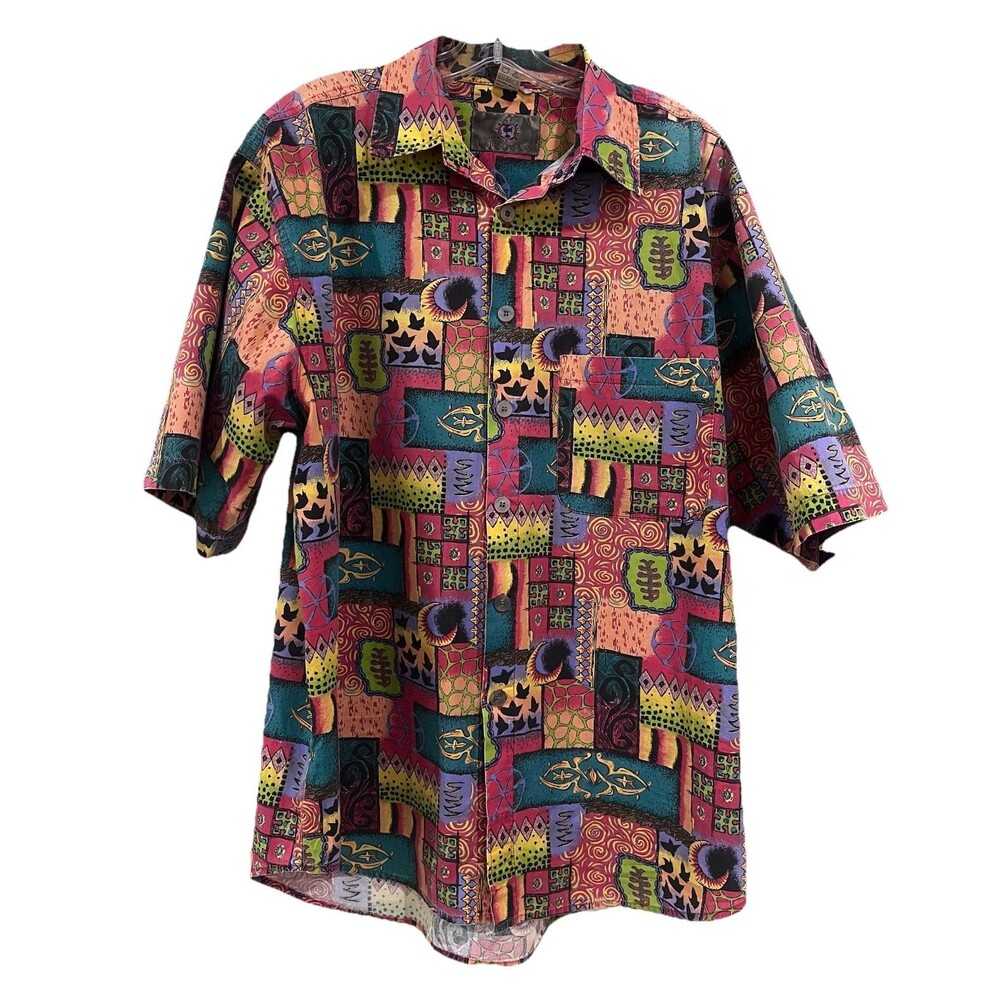 Vtg 90's The Territory Ahead Shirt Mens L Tribal Patchwork Cotton Short Sleeve - Picture 1 of 7